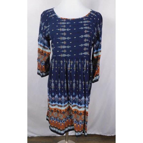 Bohemian Navy & Orange Print Dress Size M Boho Shift - Picture 1 of 11